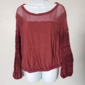 Kimchi Blue Anthropologie Women's Medium Maroon Long Sleeve Blouse Lace Mesh Top